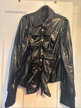 AKIRA Black Ruffled Faux Leather Button-Front Jacket